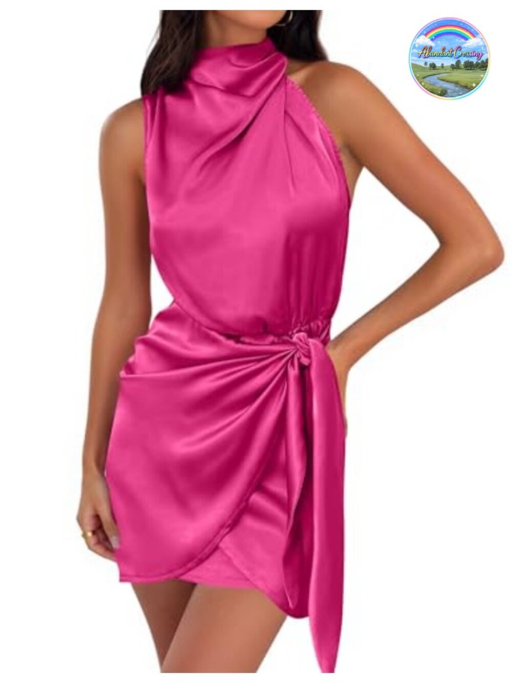 Satin Sleeveless Halter Wrap Bodycon Mini Dress, Tie Waist Keyhole Back, Club